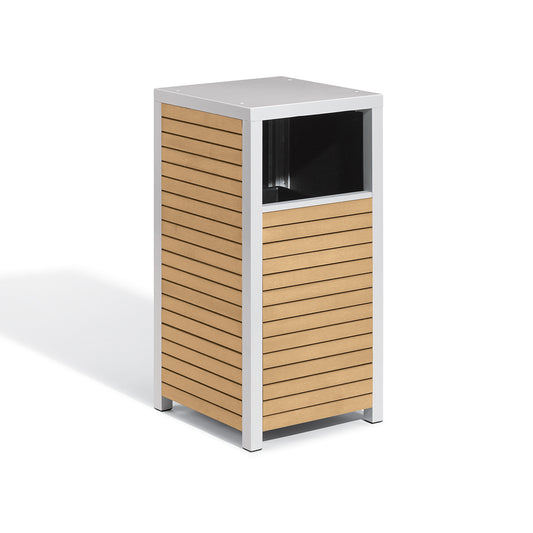 Oxford Garden Travira outdoor valet station with a waste receptacle and natural wood grain Tekwood panels on a flint grey powder coated aluminum frame, shown on a plain white background