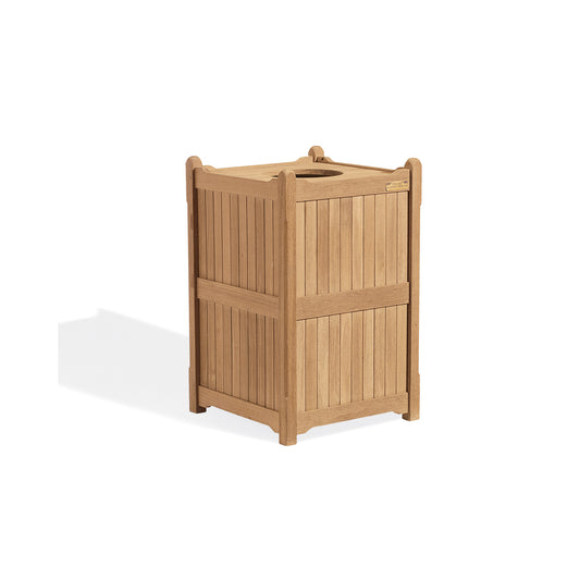 Twenty two inch teak trash receptacle with slatted sides and an open top, shown against a plain background