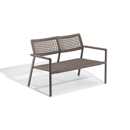 Two seat outdoor loveseat with a woven Mocha cord seat and back on a Carbon aluminum frame