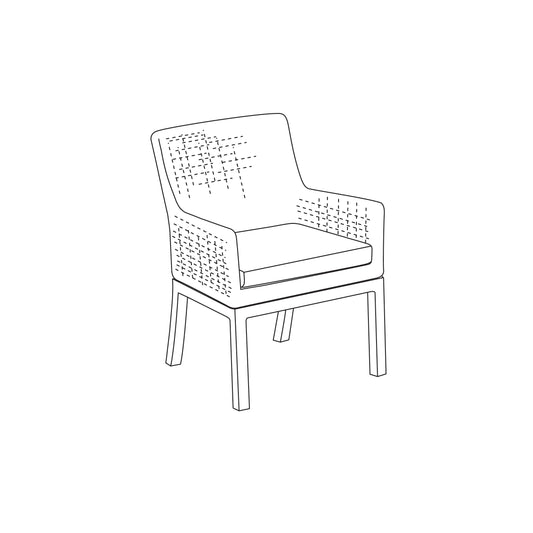 Woven Argento armchair on a slim aluminum frame, front three quarter view
