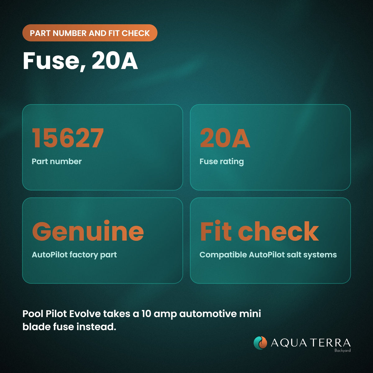 AutoPilot Fuse, 20A, 15627 part number, rating and fit check