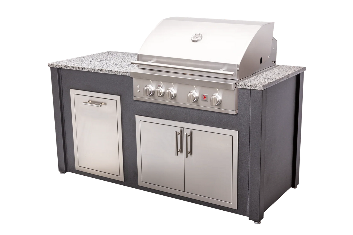 Patio Breeze six foot island in Wrinkle Black, grill at the right