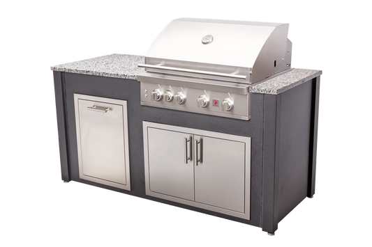 Patio Breeze six foot island in Wrinkle Black, grill at the right