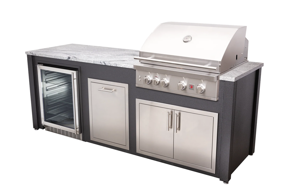 Patio Breeze eight foot island in Wrinkle Black, grill at the right