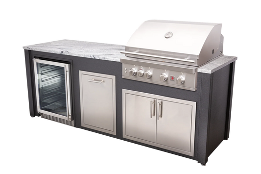 Patio Breeze eight foot island in Wrinkle Black, grill at the right