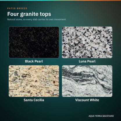The four Patio Breeze granite countertop options shown large and labeled