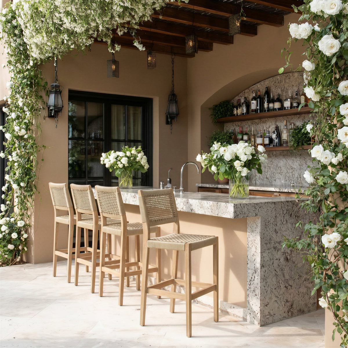 Corde Outdoor Patio Barstool, Beige
