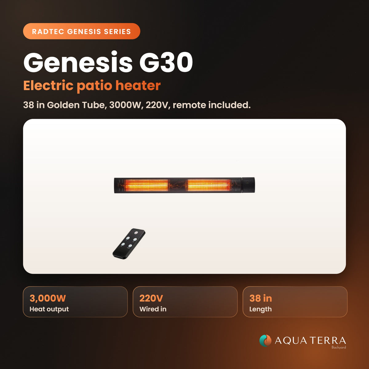 RADtec Golden Tube Electric Patio Heater, 38 inch, 3,000W, 220V, model G30-IR-GEN-SRS, view 2
