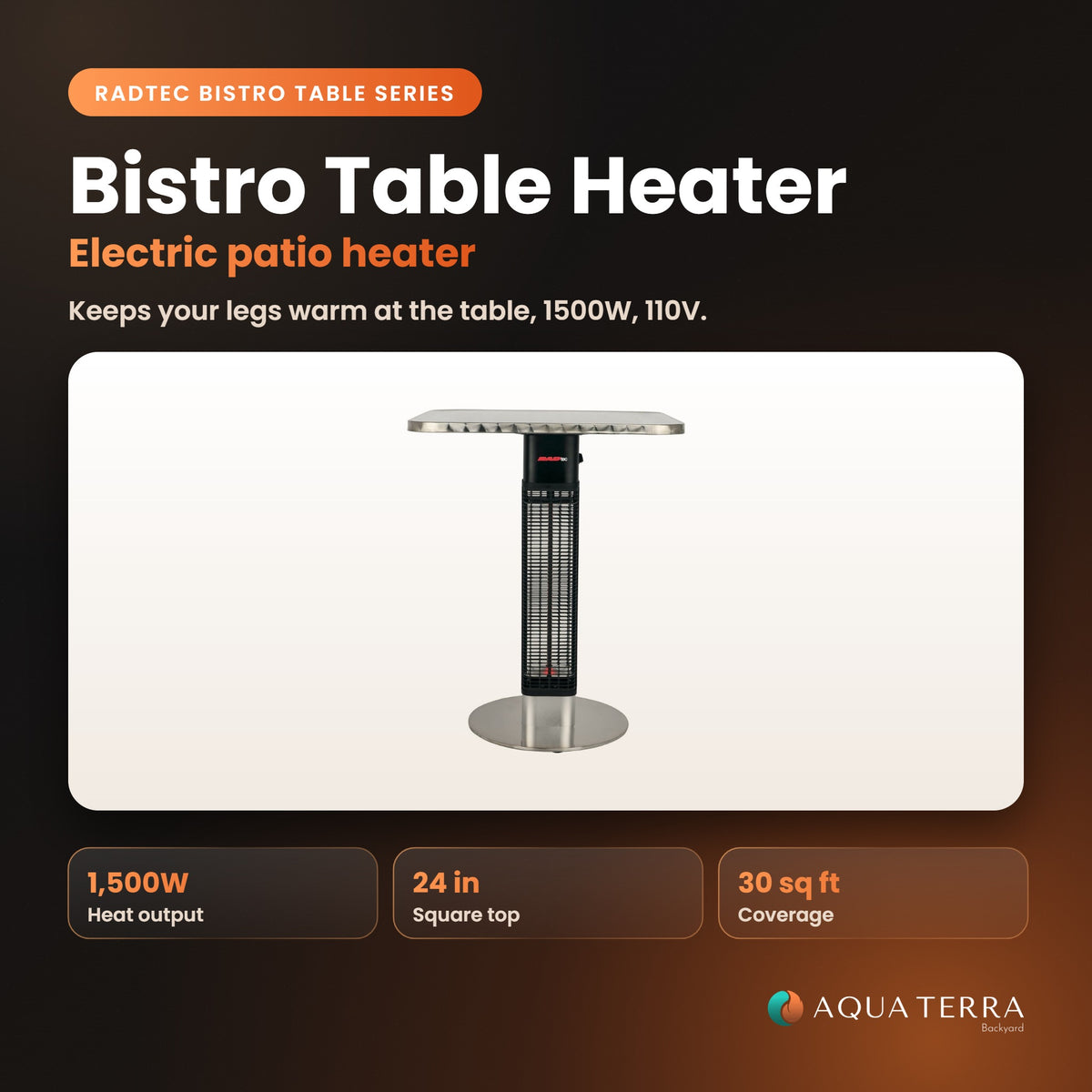 RADtec Bistro Table Electric Patio Heater, 1,500W, 110V, model 15S-IR-SML-BST, view 2