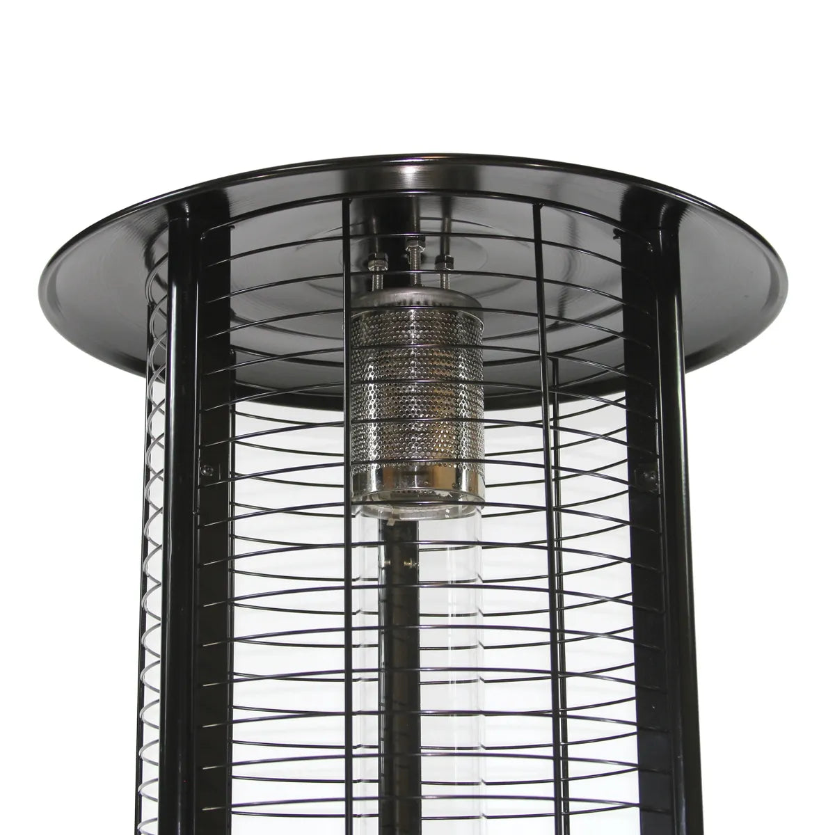 RADtec 80-inch black propane patio heater with clear glass and ellipse flame.