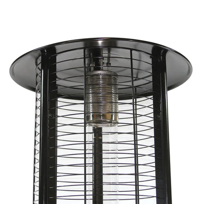 RADtec 80-inch black propane patio heater with clear glass and ellipse flame.