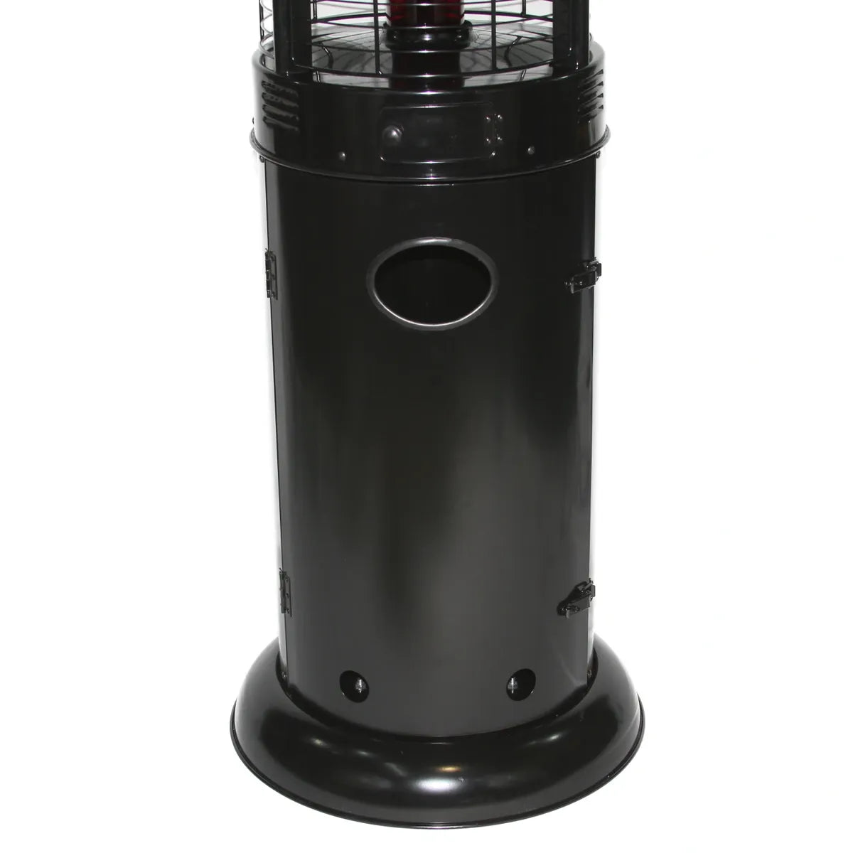 RADtec 80-inch black propane patio heater with clear glass and ellipse flame.