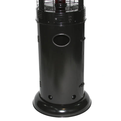 RADtec 80-inch black propane patio heater with clear glass and ellipse flame.