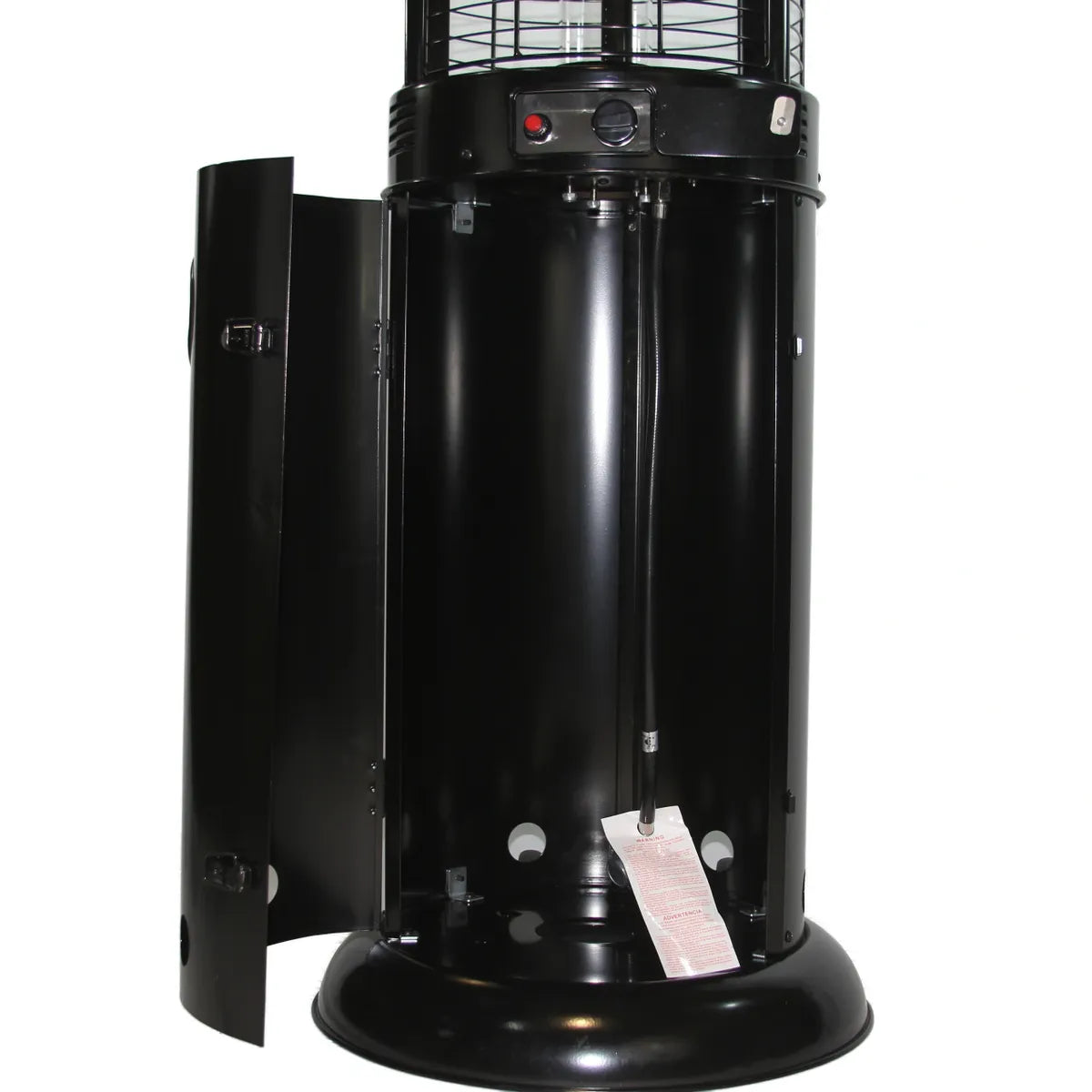 RADtec 80-inch black propane patio heater with clear glass and ellipse flame.