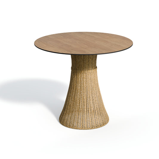 Round laminate topped bar table in the Enigma decor on a pale woven pedestal with a foot ring