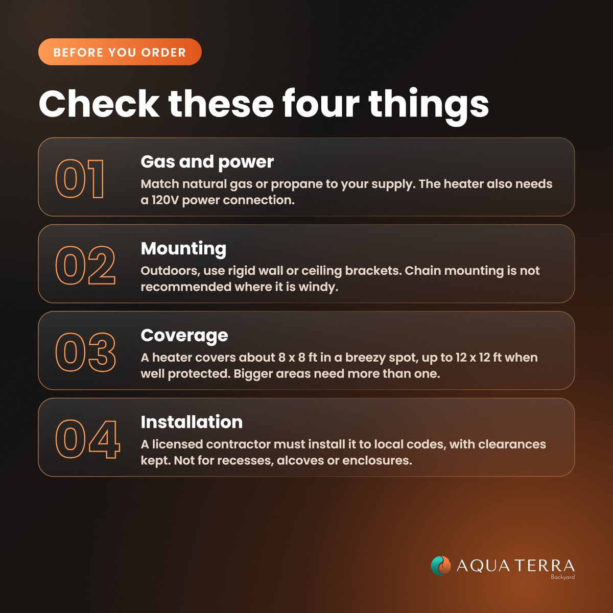 Before you order a SunStar glass patio heater: gas supply, clearances, coverage and installation