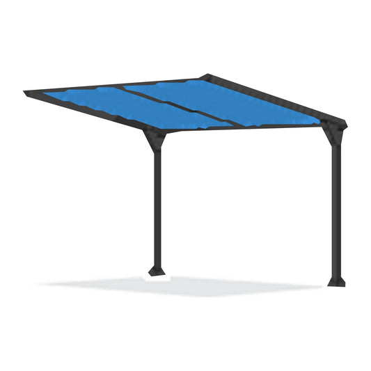 Tara Shade DeLux cantilever shade with a Laguna Blue canopy on two posts, shown on a white background