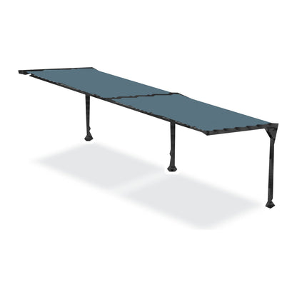 Tara Shade DeLux cantilever shade run out to two bays on three posts with a Dove Blue canopy, shown on a white background