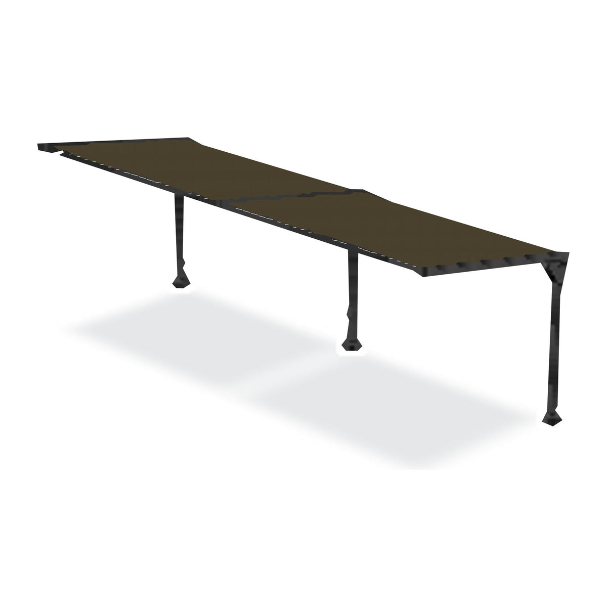 A Tara Shade DeLux cantilever shade after one 10 foot extension kit is added, two bays on three posts with a Hazelnut canopy, shown on a white background