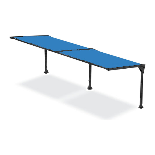 A Tara Shade DeLux cantilever shade after one 10 foot extension kit is added, two bays on three posts with a Laguna Blue canopy, shown on a white background
