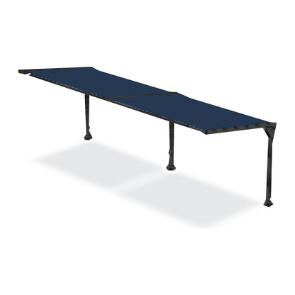 A Tara Shade DeLux cantilever shade after one 10 foot extension kit is added, two bays on three posts with a Navy canopy, shown on a white background