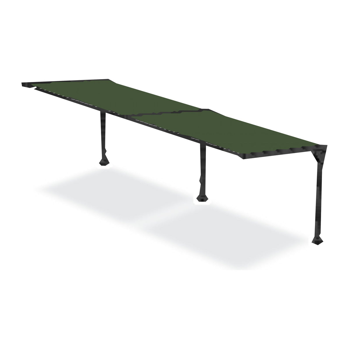 A Tara Shade DeLux cantilever shade after one 10 foot extension kit is added, two bays on three posts with an Olive canopy, shown on a white background