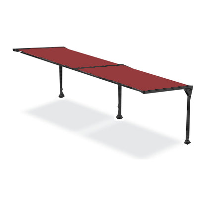 A Tara Shade DeLux cantilever shade after one 10 foot extension kit is added, two bays on three posts with a Paprika canopy, shown on a white background