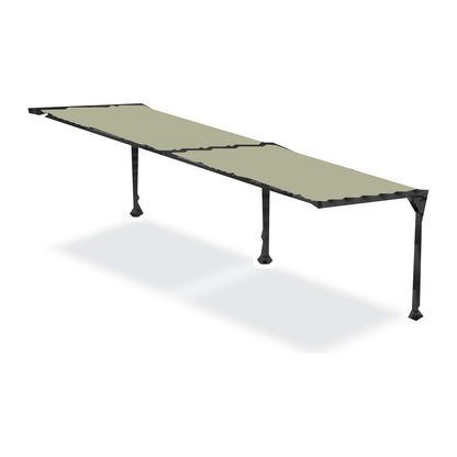 A Tara Shade DeLux cantilever shade after one 10 foot extension kit is added, two bays on three posts with a Pistachio canopy, shown on a white background