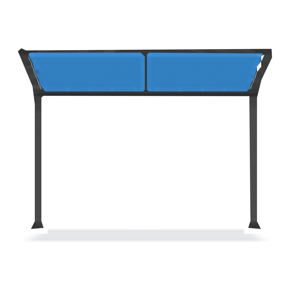 Tara Shade DeLux cantilever shade seen head on, showing the 8 by 10 foot canopy carried on two offset posts