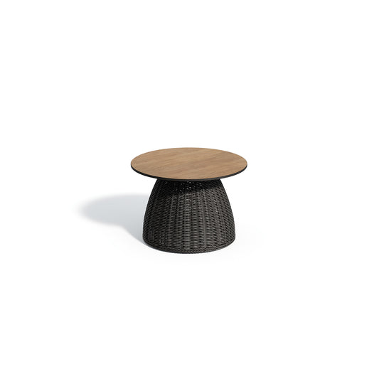 Square laminate topped side table in the Enigma decor on a dark woven base