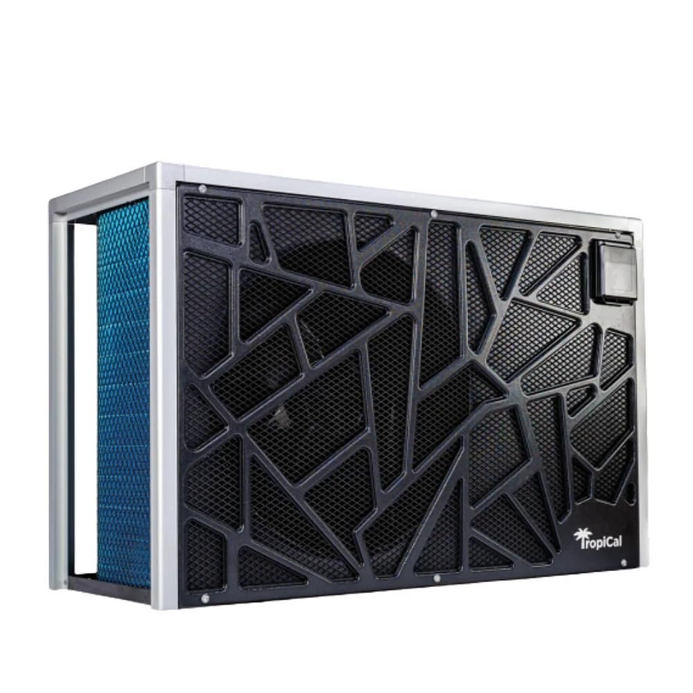 TropicCal pool heat pump front angled view with geometric grille and blue evaporator coil