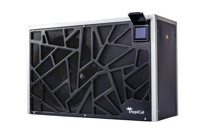 TropicCal pool heat pump front view showing modern grille design and compact outdoor installation