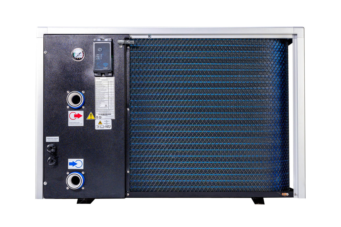 TropicCal pool heat pump rear view showing heat exchanger coil, plumbing connections, and service panel