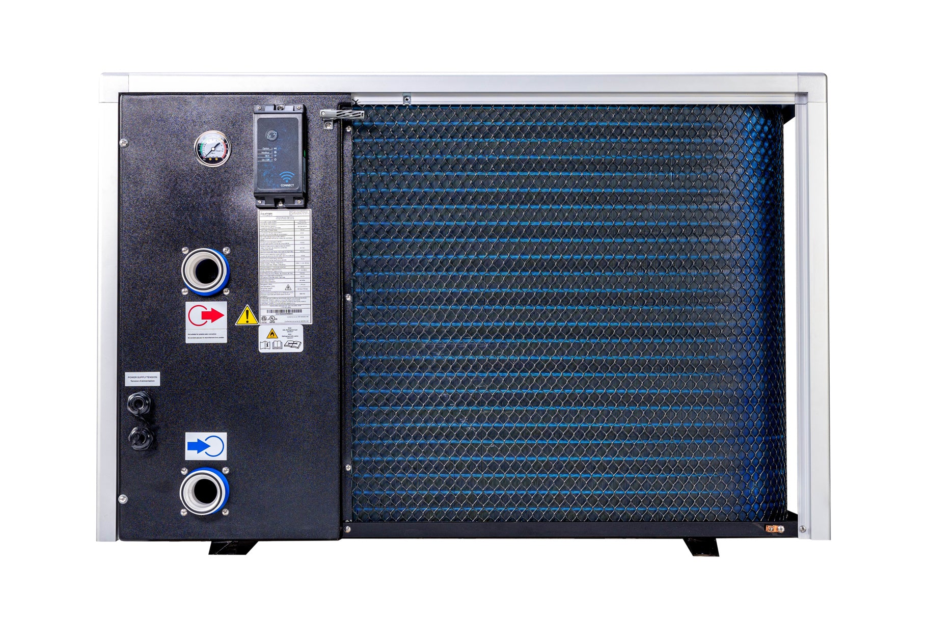 TropicCal pool heat pump rear view showing heat exchanger coil, plumbing connections, and service panel