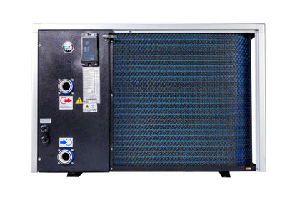 TropicCal pool heat pump rear view showing heat exchanger coil, plumbing connections, and service panel