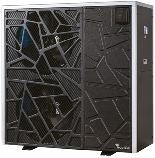TropicCal pool heat pump front view featuring modern protective grille and outdoor-rated housing