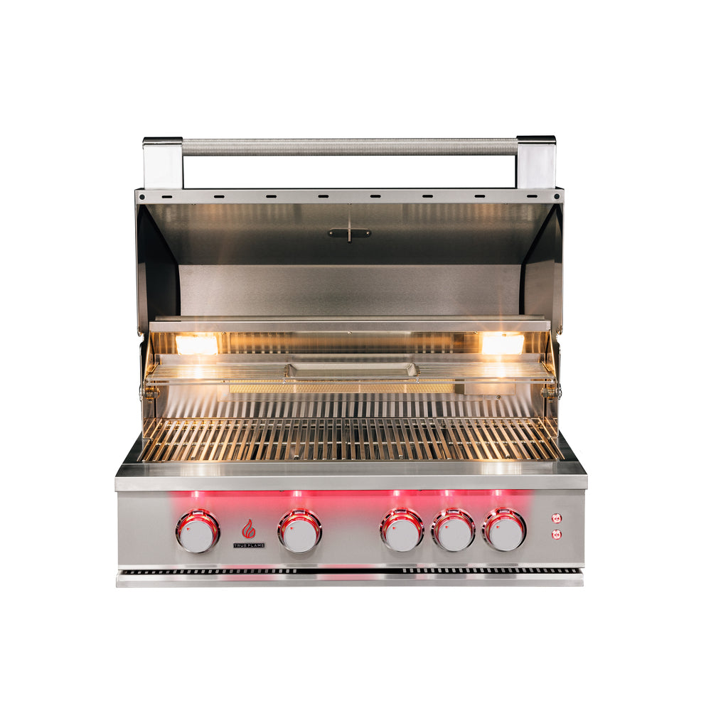 True Flame 32 inch built-in gas grill with the hood open, showing the cooking grates