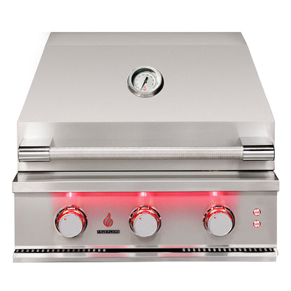 True Flame 25 inch built-in gas grill in stainless steel with the hood closed, model TF25