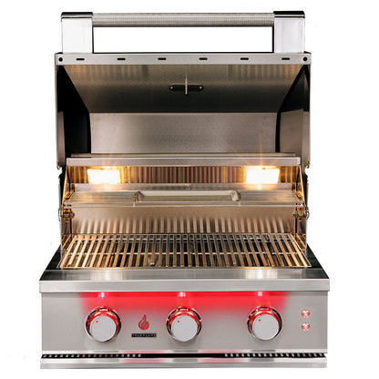 True Flame 25 inch built-in gas grill with the hood open, model TF25