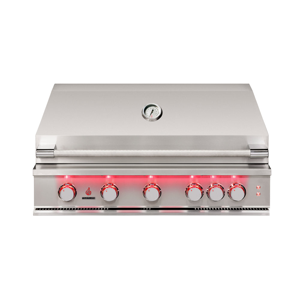 True Flame 40 inch built-in gas grill in stainless steel with the hood closed, model TF40