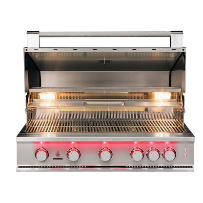 True Flame 40 inch built-in gas grill with the hood open, model TF40