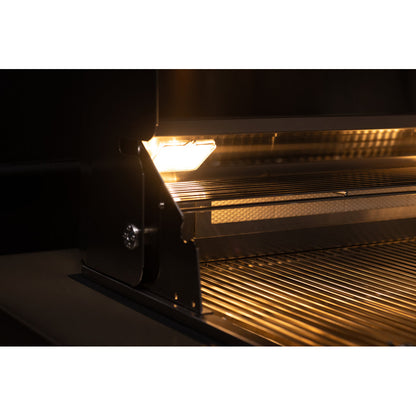Interior lighting and infrared back burner inside a True Flame built-in gas grill