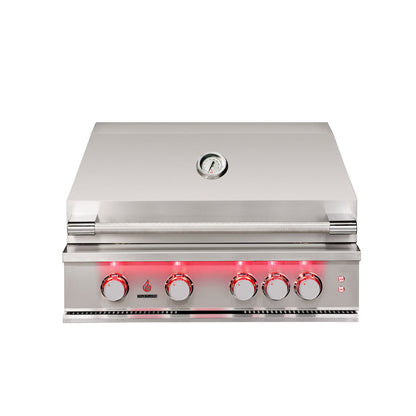 True Flame 32 inch built-in gas grill in stainless steel with the hood closed, model TF32