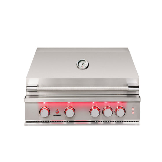 True Flame 32 inch built-in gas grill in stainless steel with the hood closed, model TF32