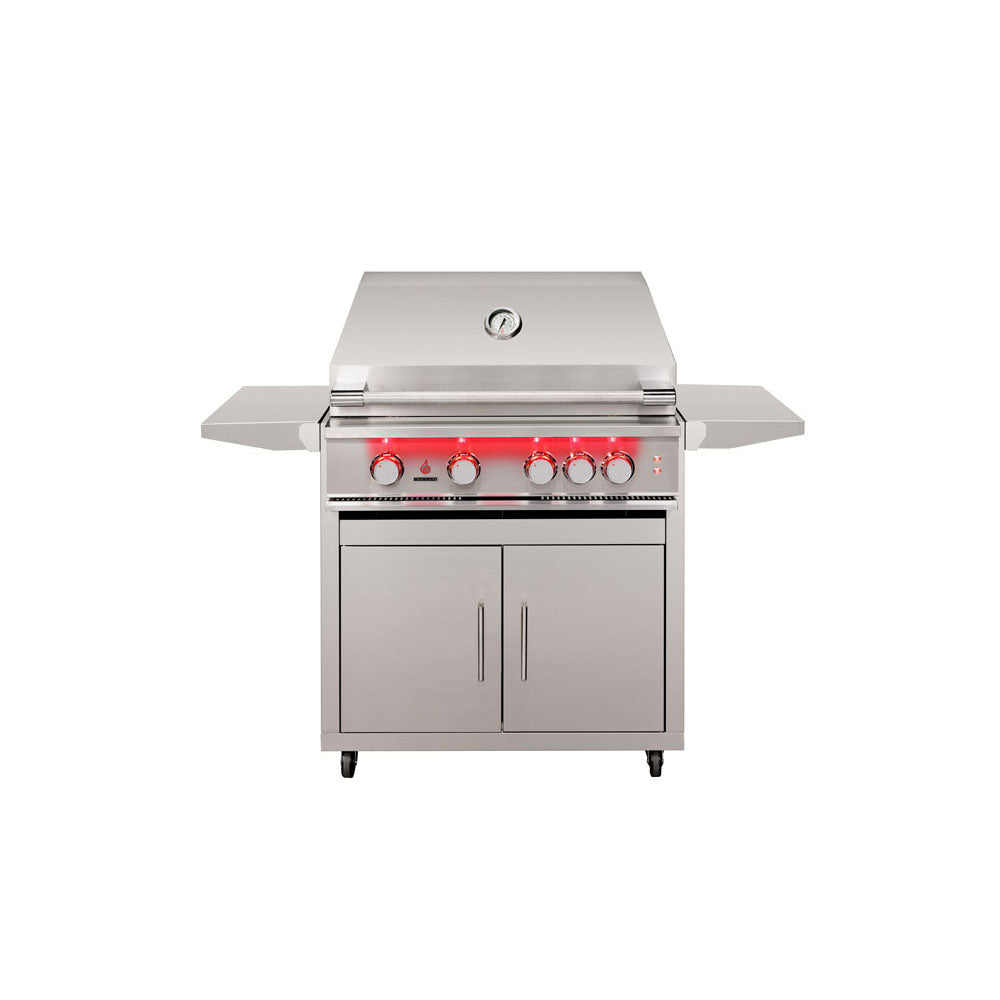True Flame 32 inch Deluxe Grill Cart with a True Flame grill mounted, hood closed