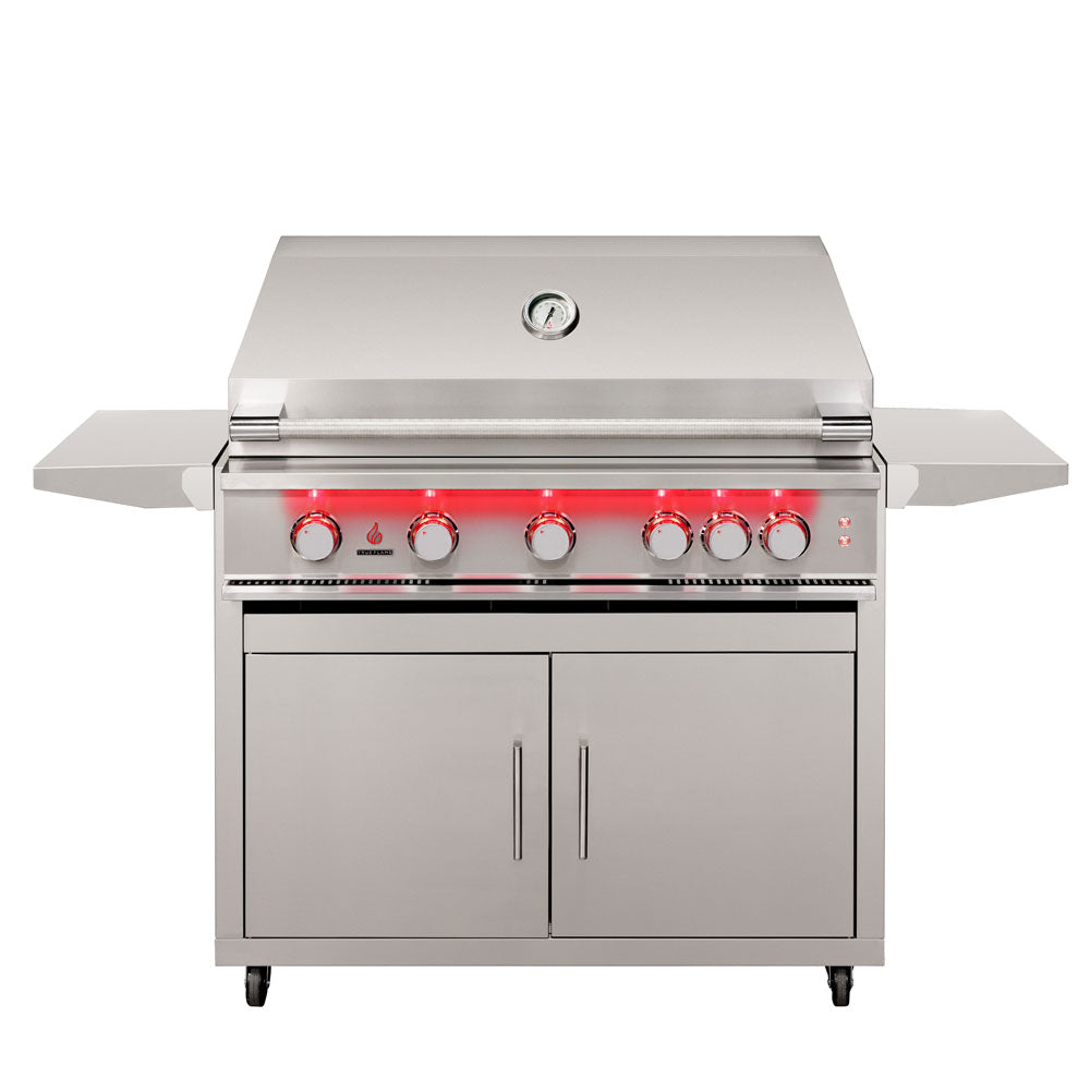 True Flame 40 inch Deluxe Grill Cart with a True Flame grill mounted, hood closed