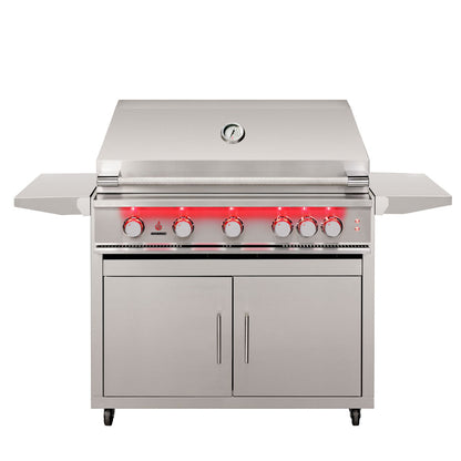 True Flame 40 inch Deluxe Grill Cart with a True Flame grill mounted, hood closed