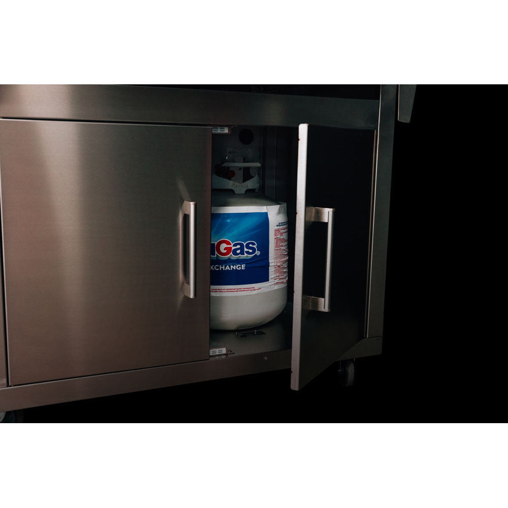 Propane tank storage inside a True Flame Deluxe Freestanding Grill Cart