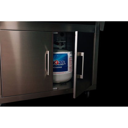 Propane tank storage inside a True Flame Deluxe Freestanding Grill Cart