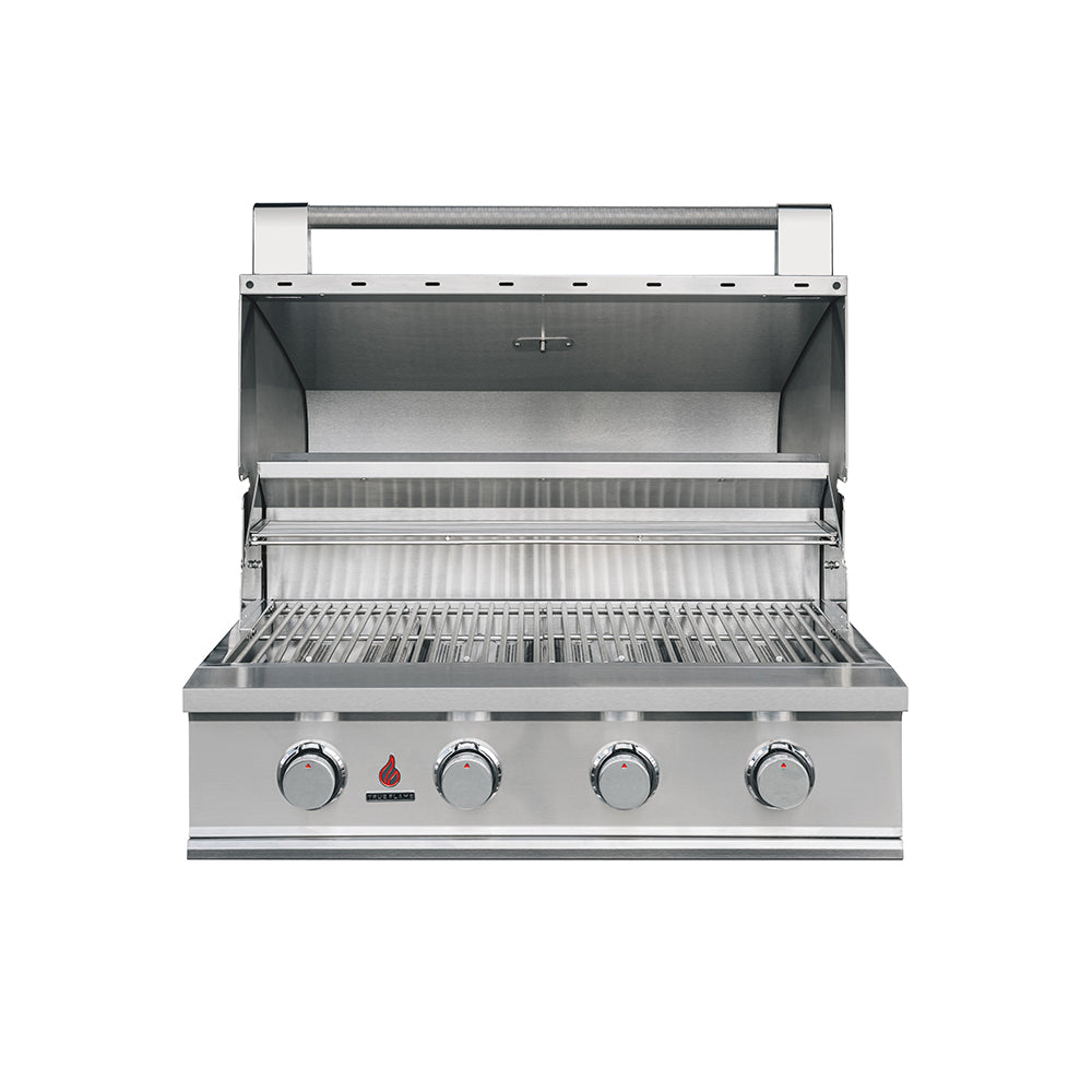 True Flame E Series 32 inch built-in gas grill with the hood open, model TFE32